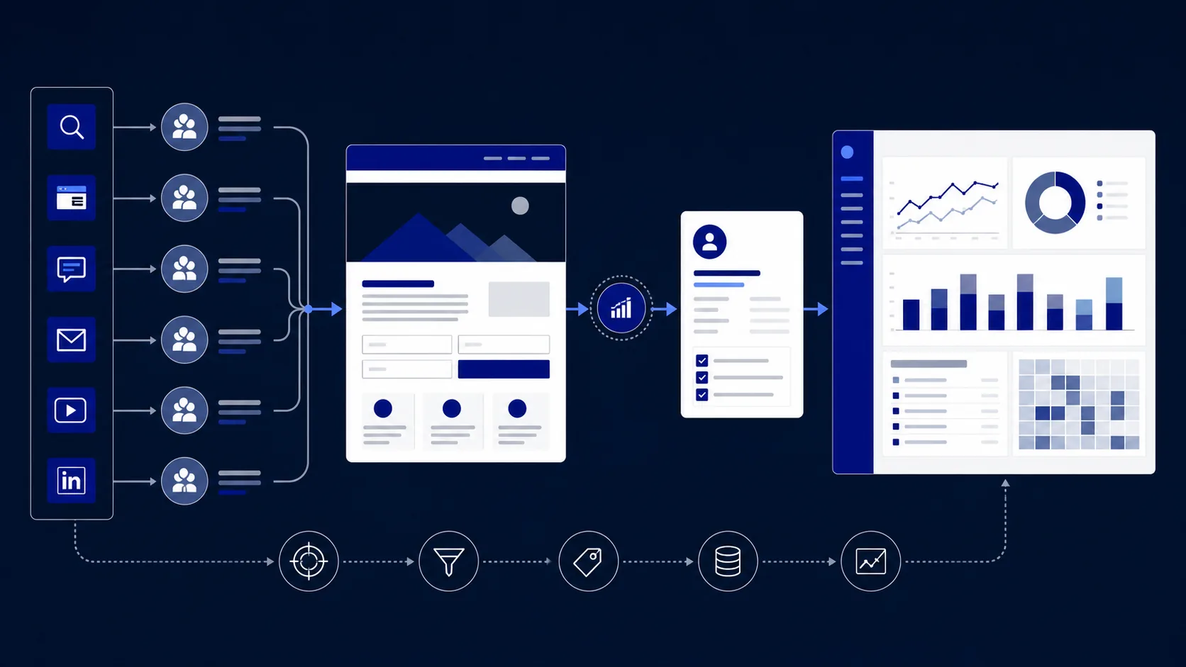 Aktyvus diagram connecting paid media, landing-page message match, tracking, and qualified conversion